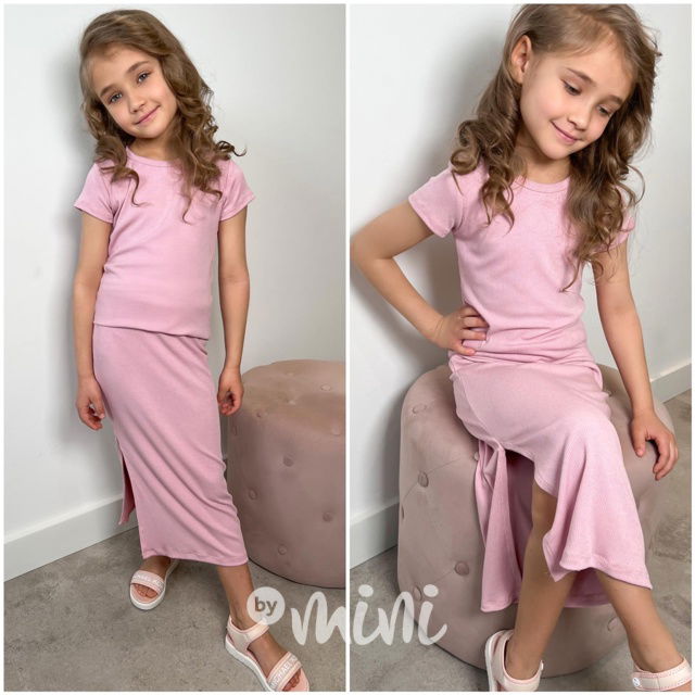 Triko + midi sukně pudder pink