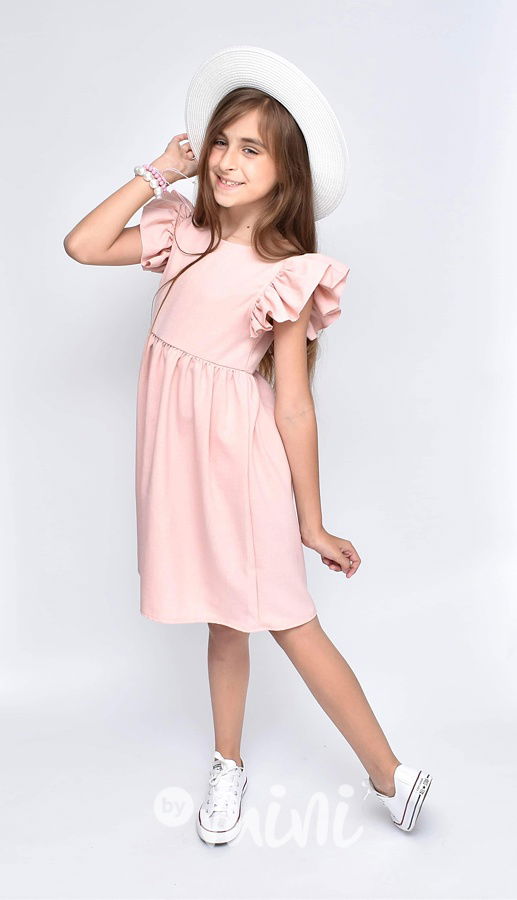 Pudder pink šaty s řasenými rukávy