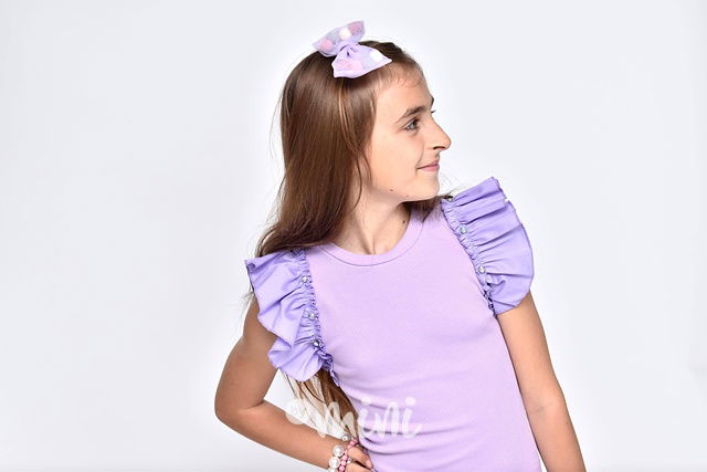 Lila midi šaty s ozdobným řasením