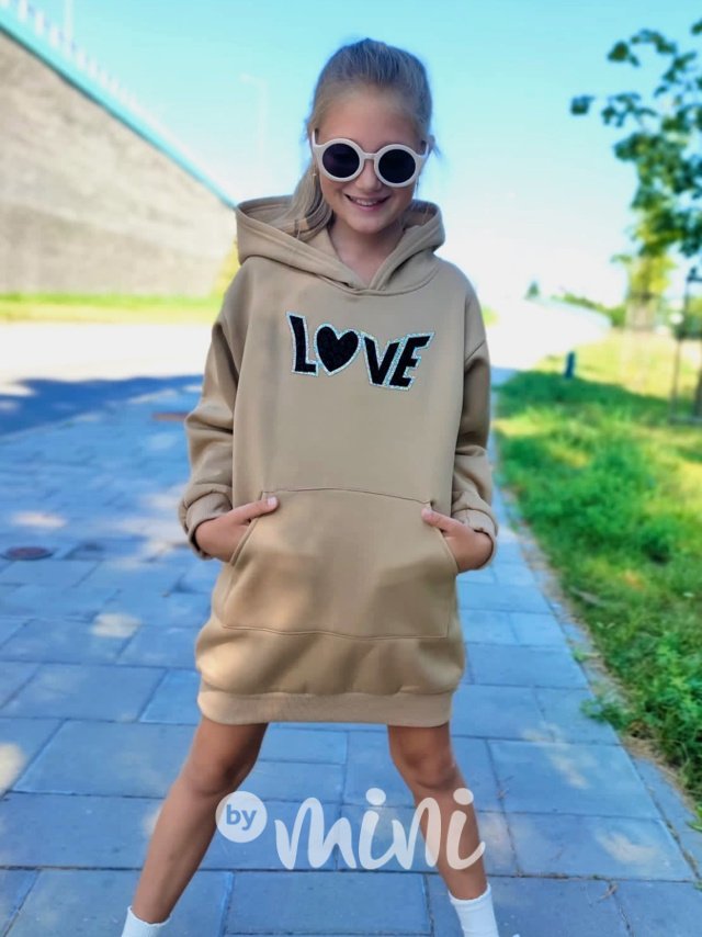 LOVE flísové mikinové hoodie šaty béžové