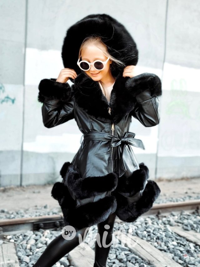 Eco leather kabátek s maxi kožíškem černý