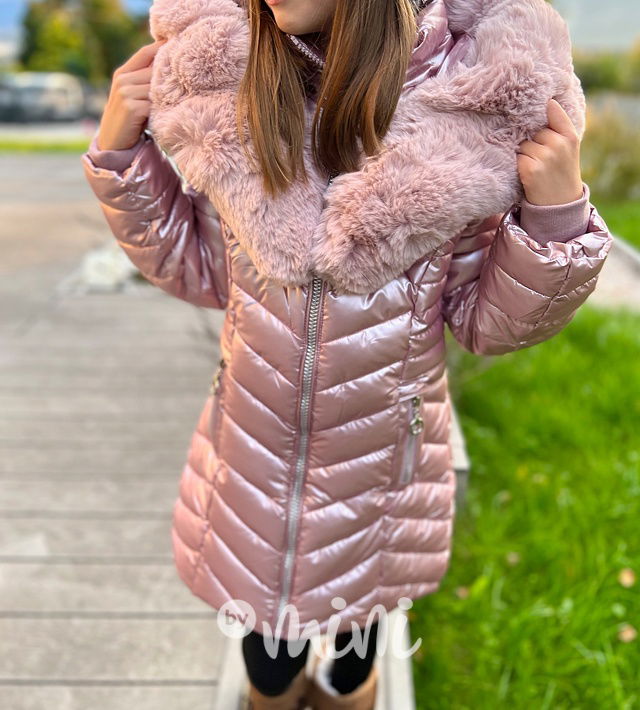 Zimní kabát s kožíškem pearl pink