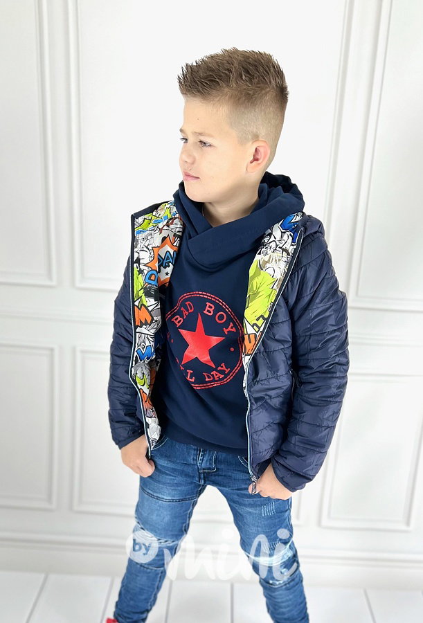 Přechodová oboustranná comics bunda modrá