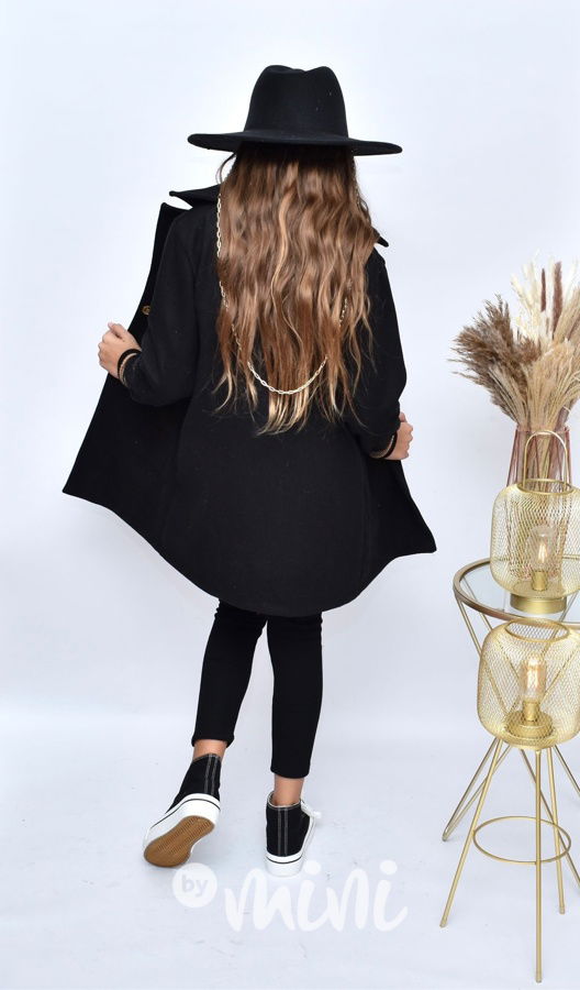 Flaušový kabát s dlouhými náplety černý