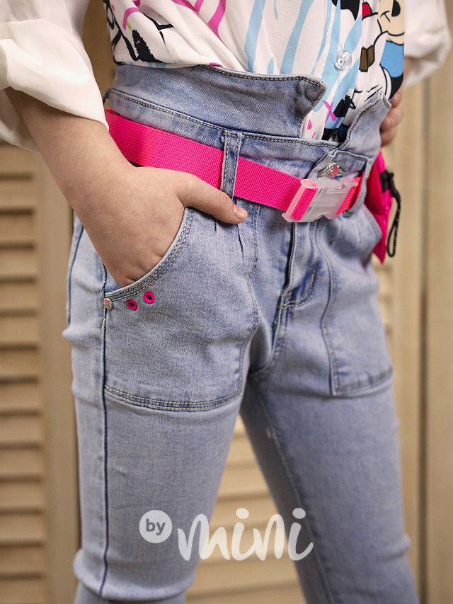 Stretch džíny s neon růžovým páskem