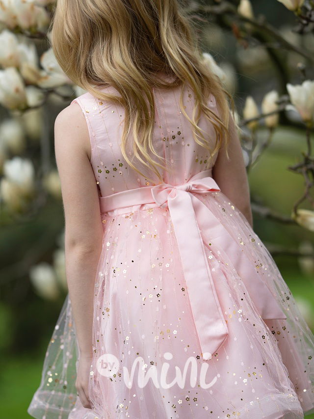 Dívčí společenské šaty růžové s kamínky a mašlí