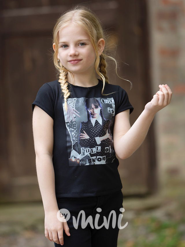 Wednesday žebrované triko words černé