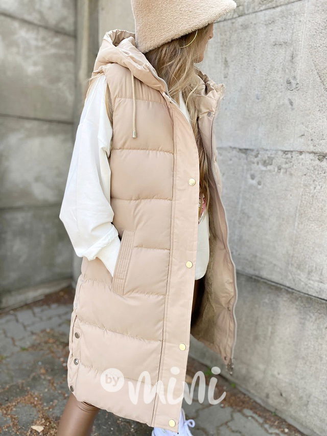 Long béžová vesta s kožíškem uvnitř