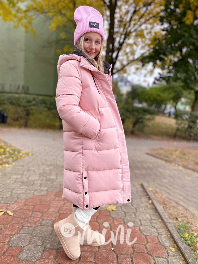 Ultra dlouhý zimní kabát růžový