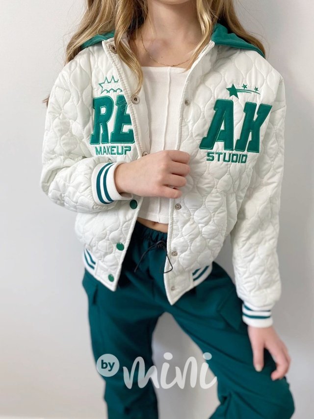 Jarní prošívaná hoodie bunda ivory/smaragd