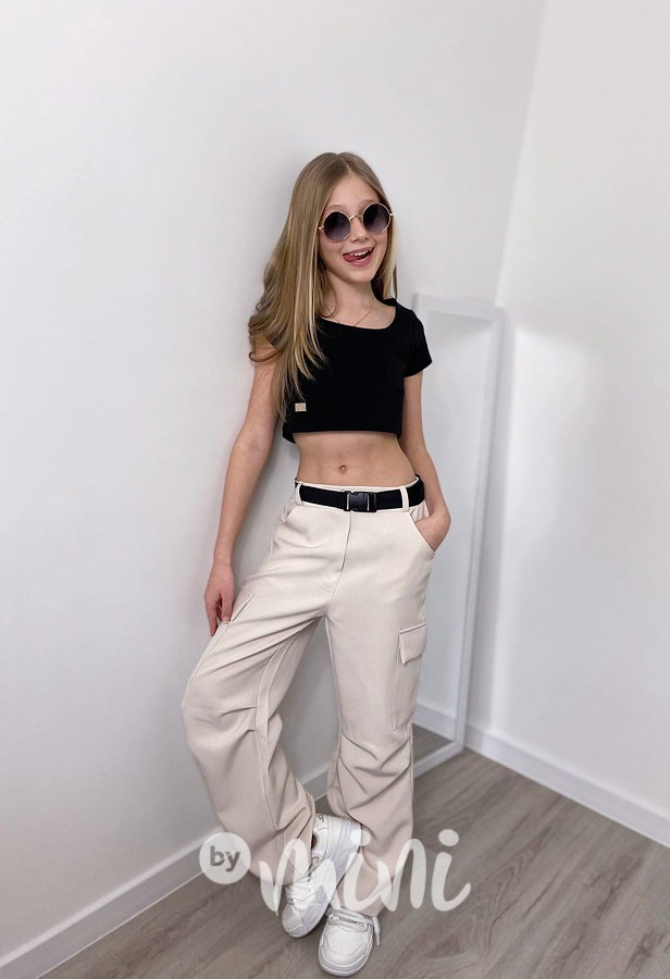 Jarní široké kapsáče s páskem light beige