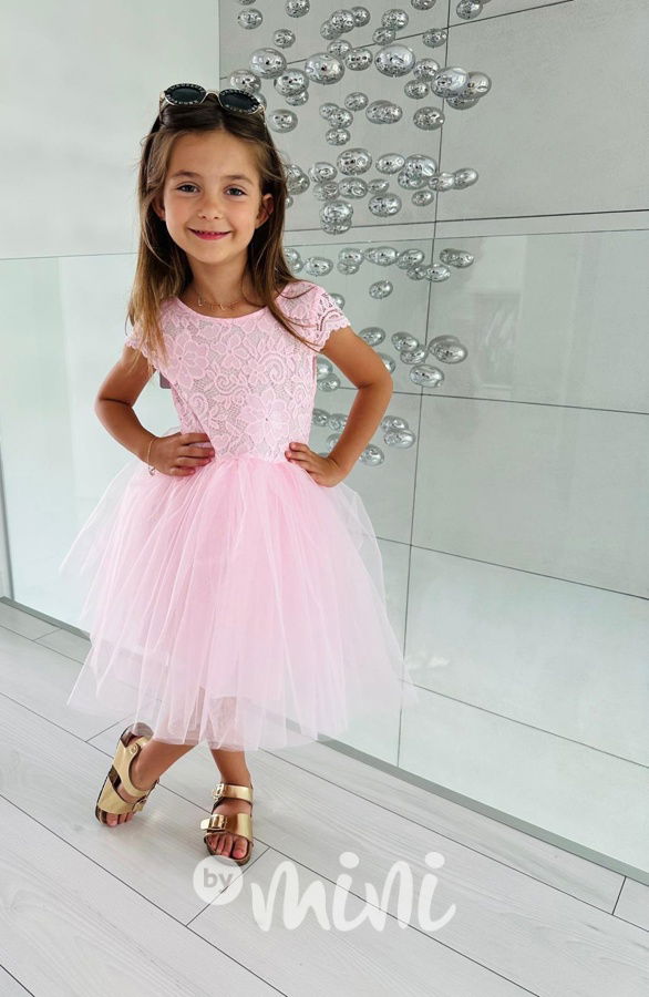 Summer princess krajkové šaty s maxi tylovou sukní růžové