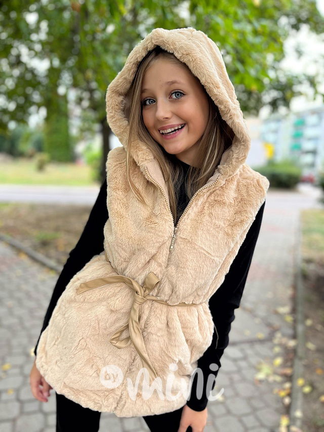 Chlupatá hoodie vesta s páskem beige