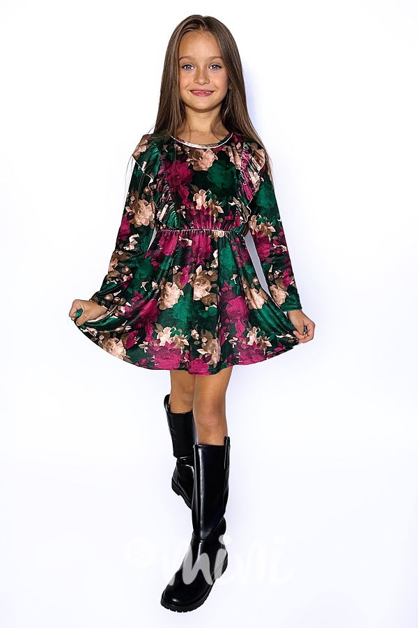 Flower soft velur šaty s kabelkou smaragd