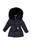 Dětský zimní černý kabát s kapucí, kožešinou a páskem
